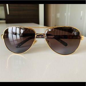 Tory Burch T-Logo Polarized Aviator Sunglasses, 57mm, Gold Brown